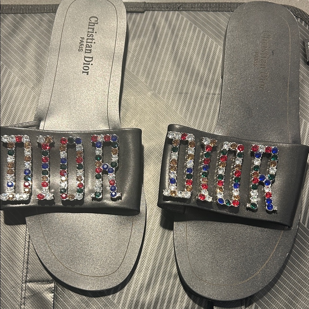 Dior Women's Embellished Gray Slide Sandals